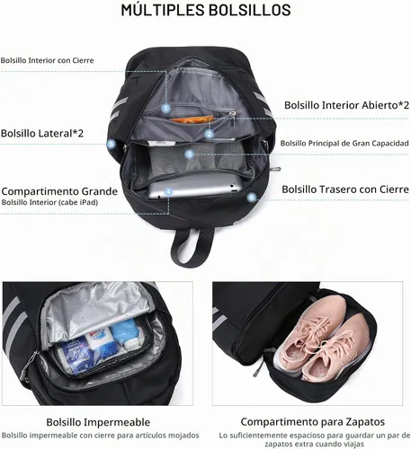 Vista 3 de SYCNB Mochila de gimnasio para mujer con compartimento para zapatos Negro