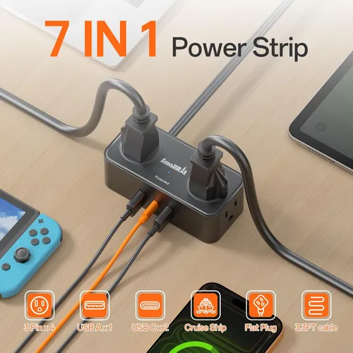 Vista 2 de SMALLRT - Regleta de alimentación con USB, cable de extensión plano de 2 piezas con múltiples tomas, barra de alimentación de enchufe plano de 3.3