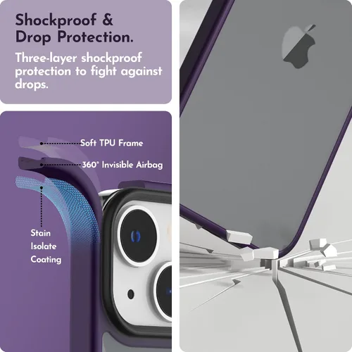 Vista 4 de Funda compatible con iPhone 14 con protector de pantalla, cuerpo completo, a prueba de golpes, con protector de cámara, translúcido mate, funda