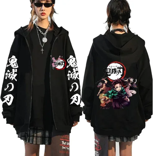 Vista 4 de Symish Anime - Sudadera con capucha y cremallera de anime Tanjirou Nezuko Anime Cosplay con cremallera para unisex