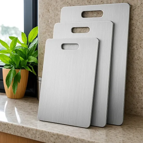 Vista 3 de 3 piezas de tabla de cortar de acero inoxidable, tabla de cortar de metal para cocina, de doble cara, resistente al óxido, duradera, perfecta
