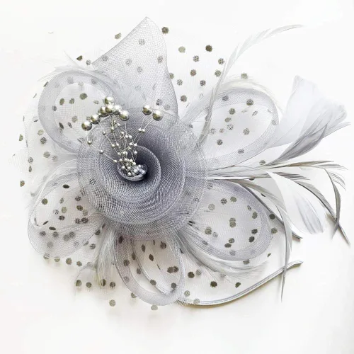 Vista 2 de Fascinators Diadema de cóctel Plumas Clip de pelo, con 1 par de guantes de encaje negro, gris (grey set), talla única