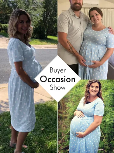 Vista 2 de BBHoping Vestido de maternidad casual a rayas para mujer, manga corta y 34, longitud hasta la rodilla, ropa de embarazo para baby shower