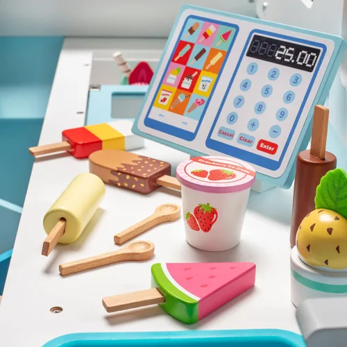 Vista 7 de Juego de camión de helados de madera - 20 piezas de juguetes divertidos incluyendo congelador, volante, fregadero y lámina de pegatinas para niños