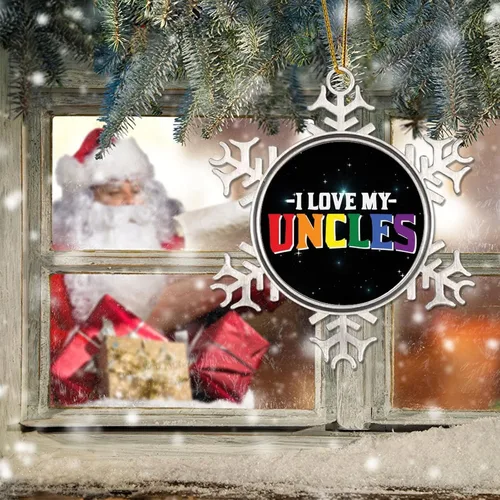 Vista 6 de I Love My Uncle LGBT Pride Adornos de Navidad para árbol, bisexual, arco iris, orgullo gay, LGBTQ Pansexual de metal copo de nieve colgante de árbol