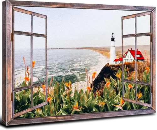 Vista 12 de Cuadro de pared con ventana de playa, paisaje oceánico, decoración de pared, paisaje costero, gaviota, impresiones en lienzo, pintura tropical