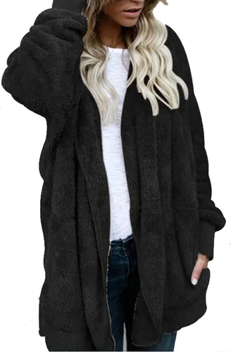 Vista 3 de Rikbuig Chaqueta Sherpa para mujer, forro polar mullido con capucha y bolsillos