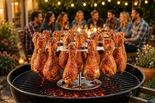 Vista 7 de Estante de parrilla para pollo XL de Flame Fingers - Sostiene 18 patas, alas, muslos, piruletas o baquetas de pavo. Diseño giratorio de acero