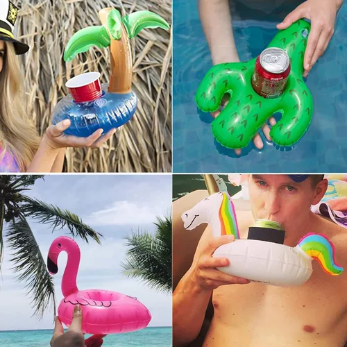 Vista 6 de Soporte inflable para bebidas, paquete de 25 flotadores inflables para bebidas de piscina + 1 bomba de mano, flotadores de bebidas para fiesta