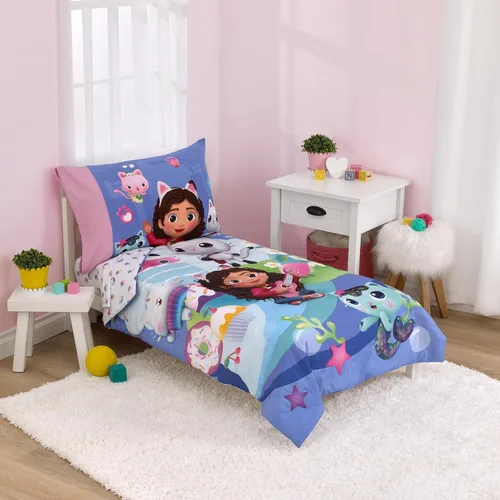 Vista 13 de NoJo DreamWorks Gabby's Dollhouse Dream It Up Arcoíris Multicolor Hora de Dormir - Juego de cama de 4 piezas para cama de niño pequeño - Edredón La