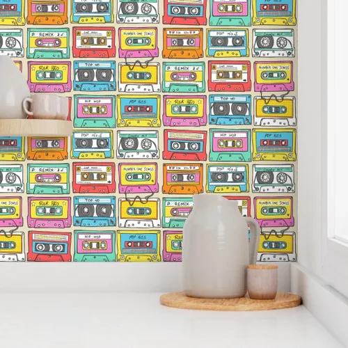 Vista 8 de Muestras de papel tapiz extraíbles, cinta de mezcla de música más pequeña, retro vintage de los años 90, papel pintado prepegado personalizado por
