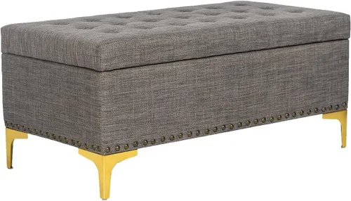 Vista 9 de Homebeez Banco otomano de almacenamiento de tela de lino, taburete rectangular con patas de metal (Y-gris oscuro)
