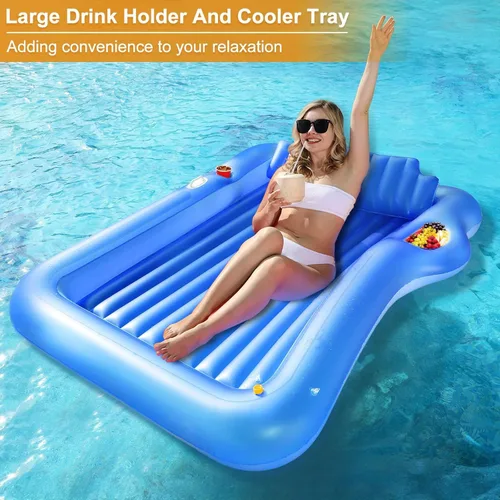 Vista 3 de TURNMEON Flotador inflable para tumbona de bronceado con aspersor, flotador grande de 71 x 47 pulgadas para adultos con respaldo, taza y soporte