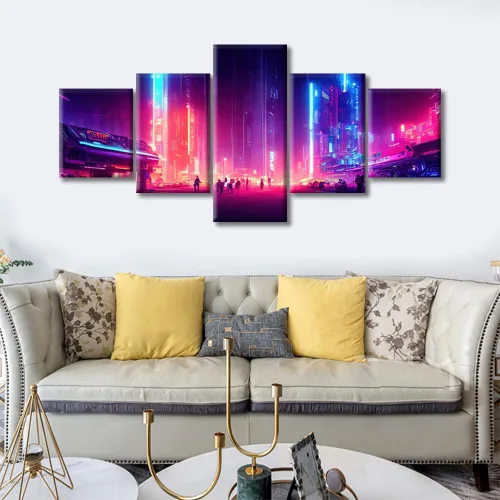 Vista 376 de Cuadros de 5 paneles de Cyberpunk City, arte de pared, representación de vallas publicitarias, edificios modernos en la capital con obras de arte