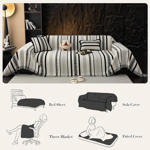 Vista 4 de Mantas con Rayas para Sofá, Fundas Boho para Sofá, Mantas para Sofá para Perros, Fundas Medianas para Sofá Reclinable y Silla, Fundas de Sofá
