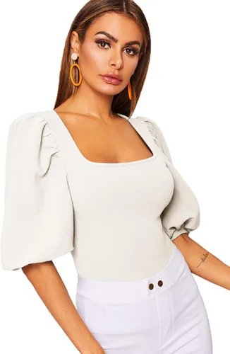 Vista 4 de ROMWE Blusa corta de manga abombada para mujer con cuello cuadrado, ajuste entallado