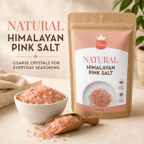 Vista 3 de SPICY ORGANIC Sal natural del Himalaya sin OMG, sal rosa del Himalaya sin gluten, rica en 80 minerales y elementos, 4 onzas.
