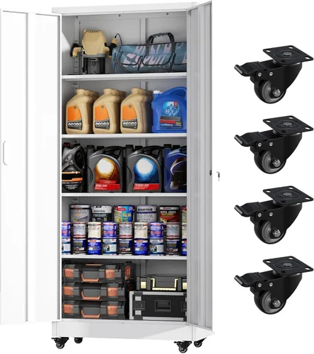 Vista 23 de Greenvelly Armario de almacenamiento de metal con cerradura, gabinete de almacenamiento cerrado negro de 72 pulgadas con 2 puertas y 4 estantes