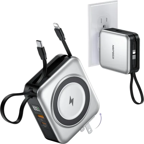 Vista 11 de Banco portátil del poder del cargador 10000mAh construido en cables y enchufe de pared PD 22.5W USB C carga rápida, carga inalámbrica magnética