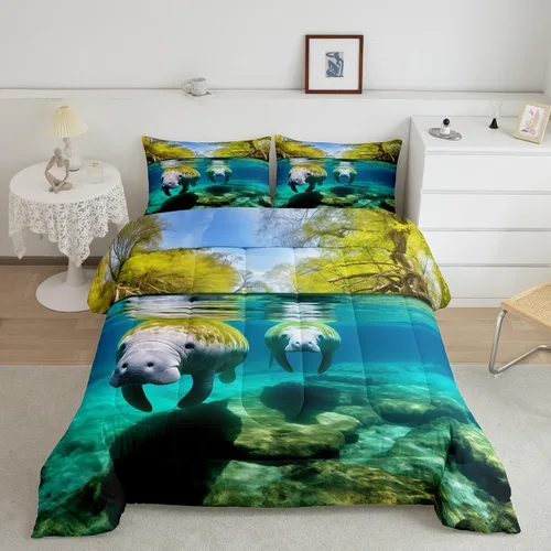 Vista 28 de Erosebridal Juego de edredón de ballena náutica, tamaño individual, juego de ropa de cama vintage azul con ondas oceánicas para niños y niñas