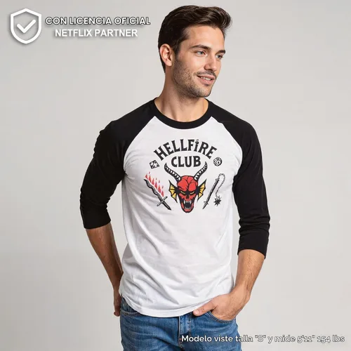Vista 3 de Stranger Things Hellfire Club Raglan - Camiseta de béisbol para hombre, ajuste estándar