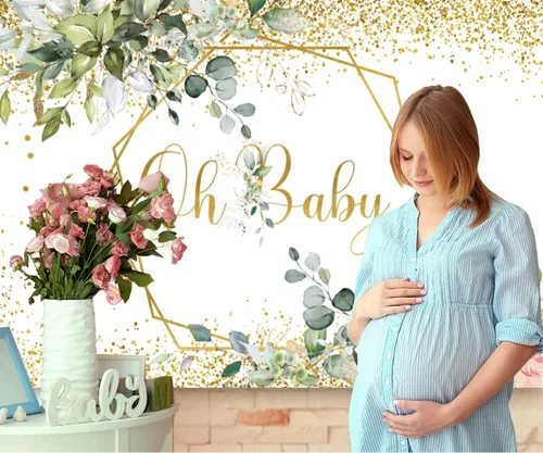 Vista 2 de InMemory Greenery Oh Baby Shower - Telón de fondo con purpurina de eucalipto dorado neutro para baby shower, fondo de fotografía de hojas verdes