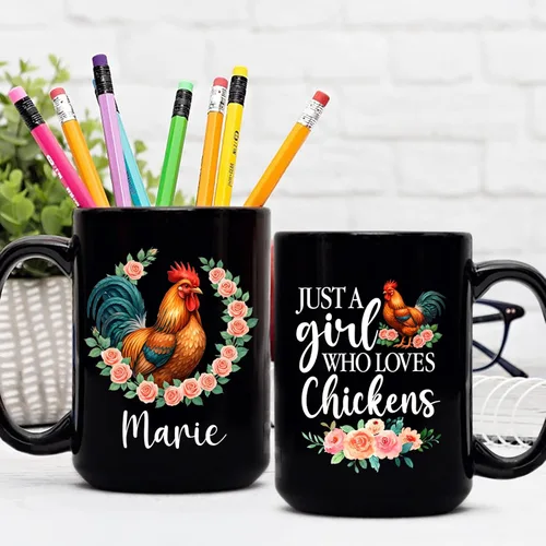 Vista 6 de Taza de pollo con texto en inglés "I Just A Girl Who Loves Chickens", taza de pollo personalizada, regalo personalizado para amantes de los pollos