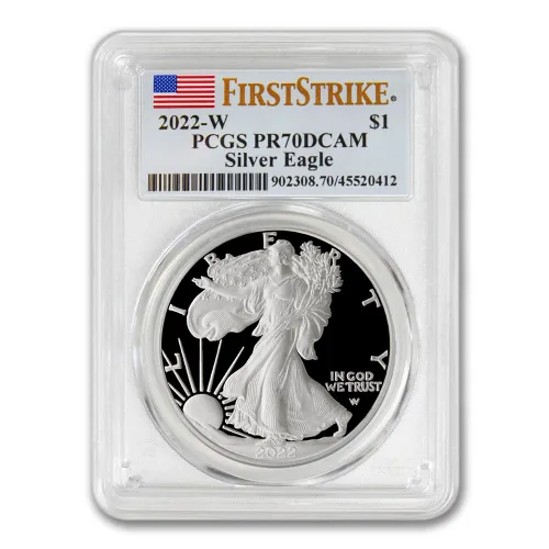 Vista 2 de 2022 W 1 oz Proof American Silver Eagle PR-70 Deep Cameo (primer golpe - etiqueta de bandera) con embalaje original del gobierno $1 PCGS PR70DCAM