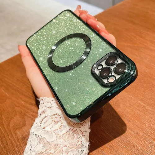 Vista 5 de Compatible con iPhone 11 Pro Max Funda magnética con purpurina, bonita funda transparente chapada de lujo, compatible con MagSafe para mujeres