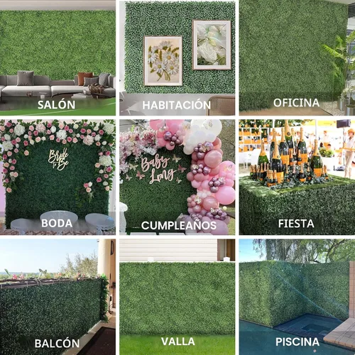 Vista 5 de NETAP Paneles de Pared de Césped, 10" x 10" (10 piezas) Pared Verde Artificial de Boj Falso de 4 Capas para Interiores, Fondo de Fiesta de Jardín