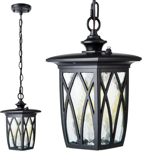 Vista 12 de JYZ Paquete de 2 lámparas colgantes para exteriores, farol colgante exterior de 12 pulgadas, lámpara moderna de metal negro para exteriores, lámpara