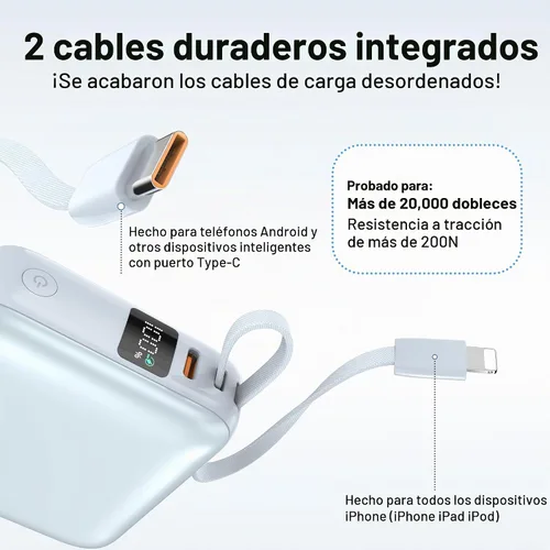 Vista 4 de VINKO Cargador Portátil con Cable Incorporado, 10000mAh 22.5W Carga Rápida Banco de Batería USB C, Banco de Energía para Teléfono Celular para Azul