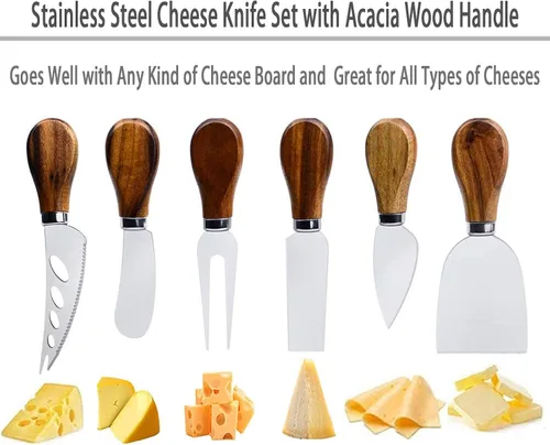 Vista 2 de Juego de cuchillos de queso, colección de cuchillos de queso de acero inoxidable de 6 piezas con cortador de queso, tenedor de queso, cuchillo