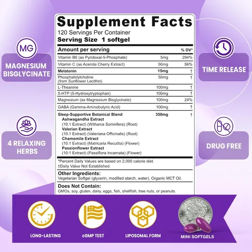 Vista 2 de Suplemento liposomal para dormir melatonina + magnesio, ayuda natural para dormir tranquila para adultos, 15 mg 30 mg pastillas de liberación