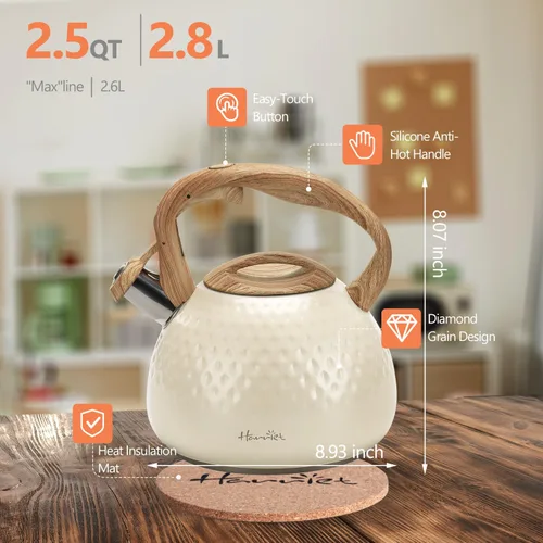Vista 6 de Tetera de Harriet para estufa, tetera de 2.5QT con silbato de 5 capas en la parte inferior, tetera de acero inoxidable de grado alimenticio
