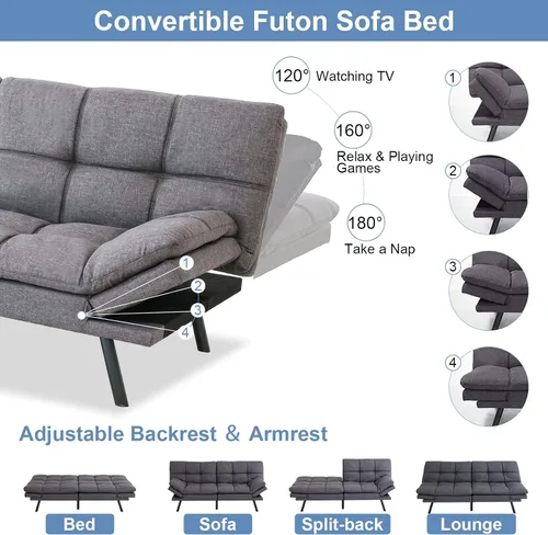 Vista 3 de MUUEGM Sofá cama tipo futón convertible, sofá biplaza moderno de espuma viscoelástica, sofá pequeño con reposabrazos ajustables, respaldos para sala