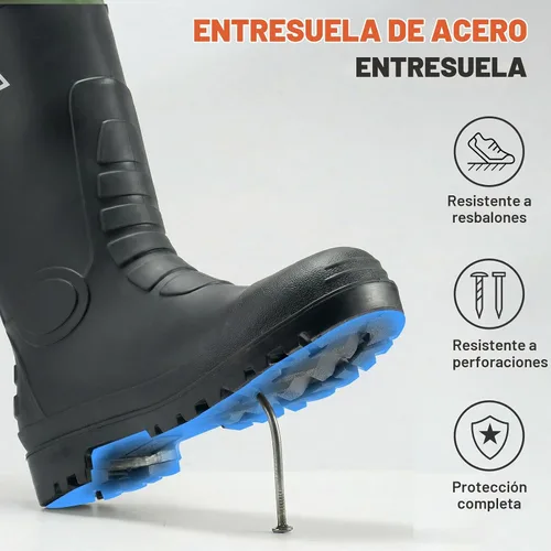 Vista 6 de HISEA Botas de lluvia para hombre con refuerzo de acero, botas de goma impermeables, botas de lluvia de PVC sin costuras, calzado protector Negro