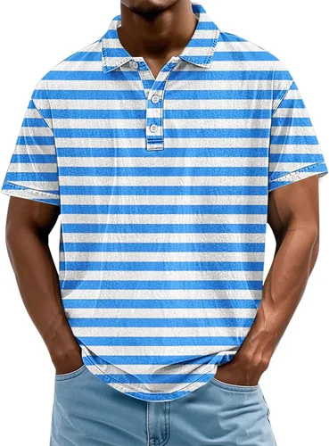 Vista 27 de Camisa polo de manga corta para hombre, camiseta de golf a rayas, de manga corta, para vacaciones, casual, cuello en V, camiseta de verano