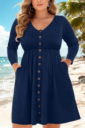 Vista 8 de Holipick Vestidos de verano para mujer, talla grande, casual, con bolsillos, acampanado, con botones, sin mangas, cuello en V