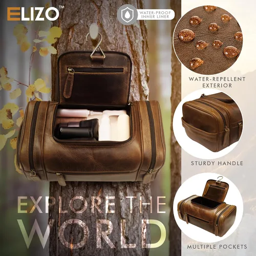 Vista 3 de ELIZO Neceser de cuero genuino para hombre, Antiguo