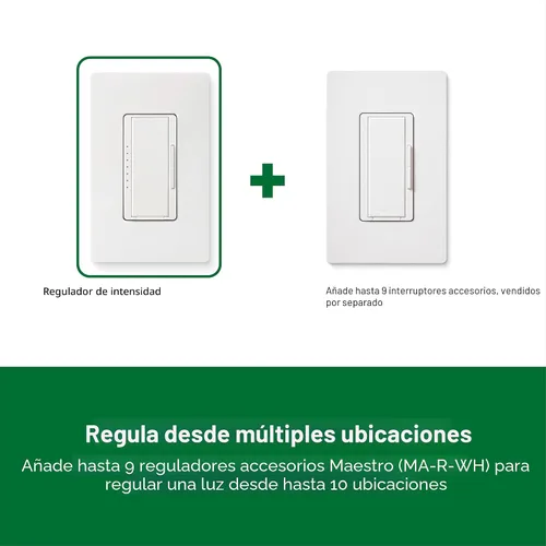 Vista 6 de Lutron Maestro LED+ Interruptor regulador de intensidad para bombillas LED regulables, halógenas e incandescentes, 150W/150W/unipolar o Almendra