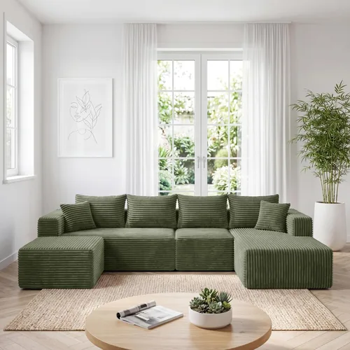 Vista 17 de Sofá modular deshuesado de 118 pulgadas con diván y otomano de pana de gran tamaño en forma de U, sofá de nube para asiento profundo para sala