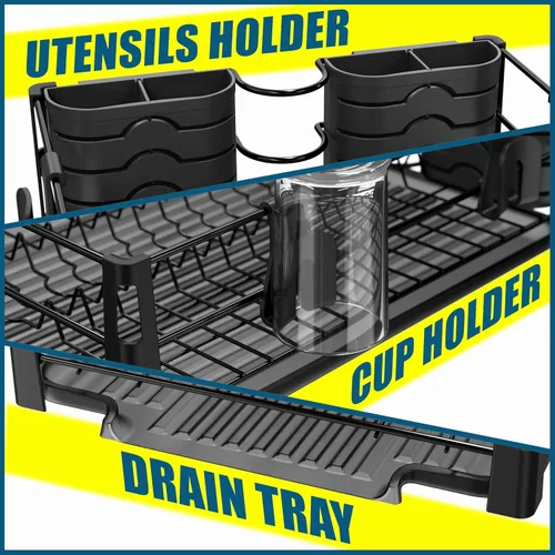 Vista 3 de SIMPLE HOUSEWARE Escurridor de platos con escurridor, soporte para utensilios y ganchos para tazas, organizador de mostrador de cocina de metal negro