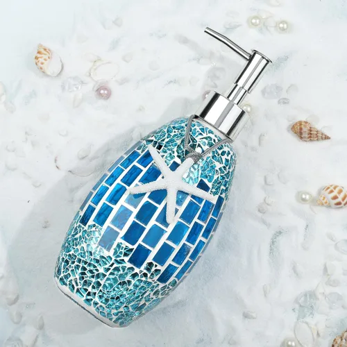 Vista 5 de Joeyan Juego de accesorios de baño de vidrio azul hecho a mano, juego de baño decorativo de mosaico, incluye dispensador de jabón, soporte