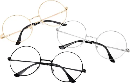 Vista 9 de Juego de 3 gafas redondas grandes con marco de metal de 2 pulgadas, lentes circulares livianas para mujeres y hombres (transparente), Claro