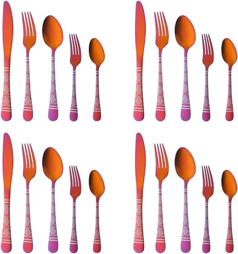 Vista 8 de Christmas Gift Black Hammered Flatware Sets for 4, 20 Pieces Unique Pattern Design Stainless Steel Cutlery Silverware Set Includes Dinner