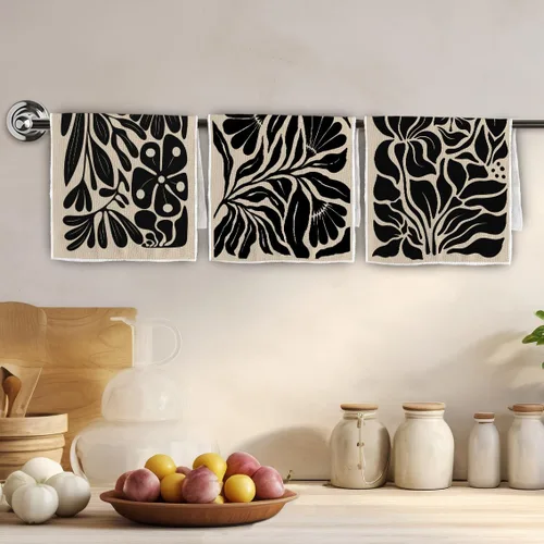 Vista 2 de TNUW Juego de 3 toallas de cocina bohemias florales de 16 x 24 pulgadas, toallas de mano florales negras para cocina y baño, toallas de cocina