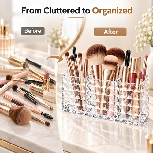 Vista 6 de MOSIKER Soporte para brochas de maquillaje para tocador, acrílico transparente, pequeño, compacto, delineador de labios, delineador de labios