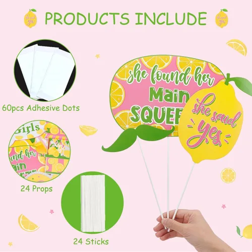 Vista 6 de Decoraciones de despedida de soltera de limón con texto en inglés "She Found Her Main Squeeze Photo Booth Props Lemon Citrus Party Supplies - Juego