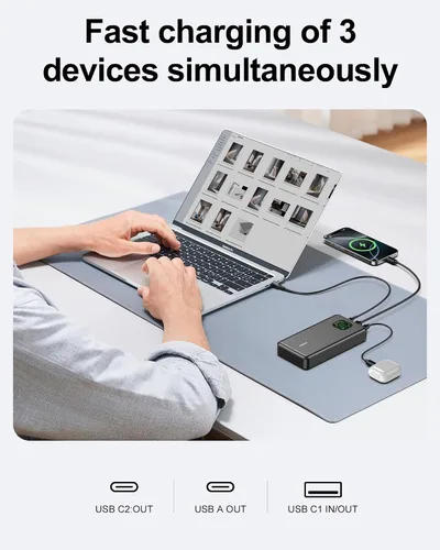 Vista 6 de Banco de energía de 65W, cargador portátil USB C para laptop de 25000mAh esencial para viajes, paquete de batería de carga rápida total de 100W